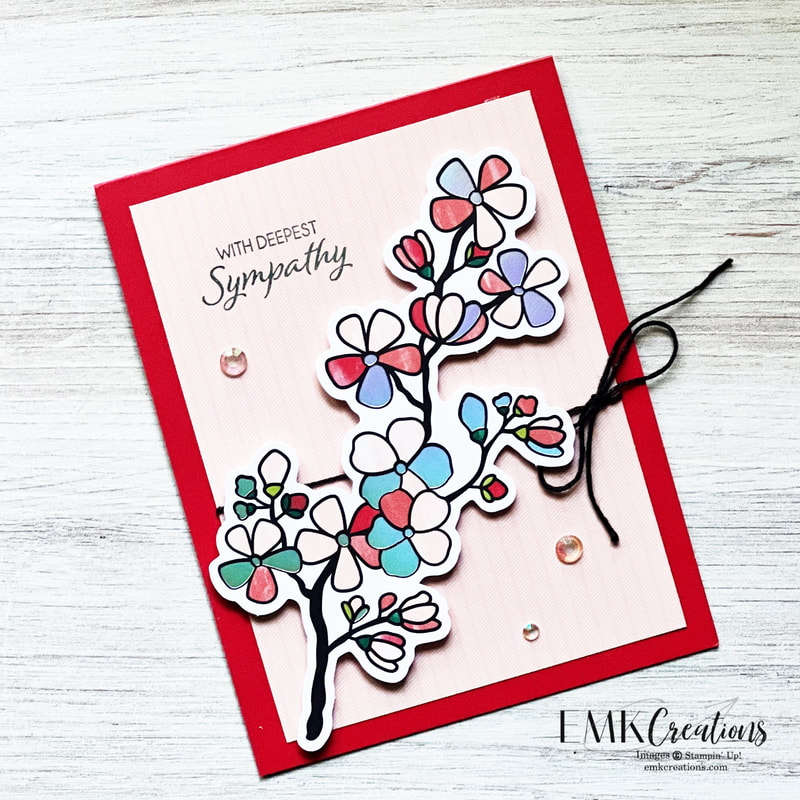 Sympathy card with cherry blossoms in bright colors on a pink and red background by EMK Creations