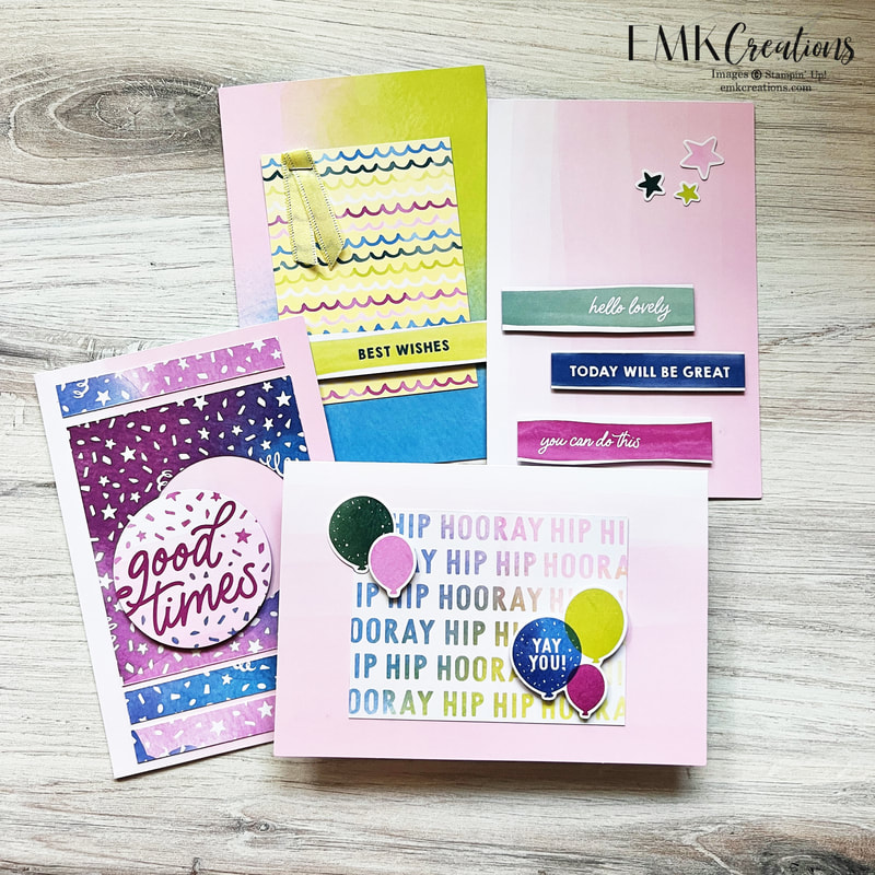 Group of cards using the Stampin' Up! Memories and More Bright & Beautiful pack - EMK Creations