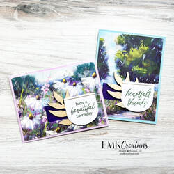 two cards featuring watercolor background by EMK Creations