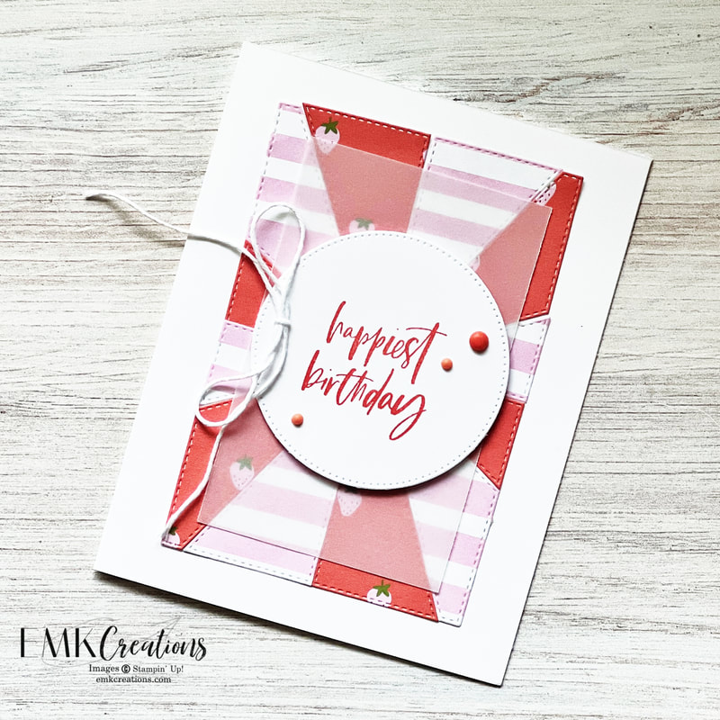 Happy Birthday card in pink and coral with strawberries using So Refreshing stamp set - EMK Creations