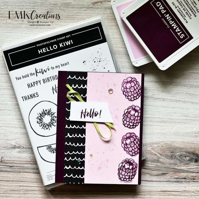 hello card with blackberries using Hello Kiwi stamp set by EMK Creations