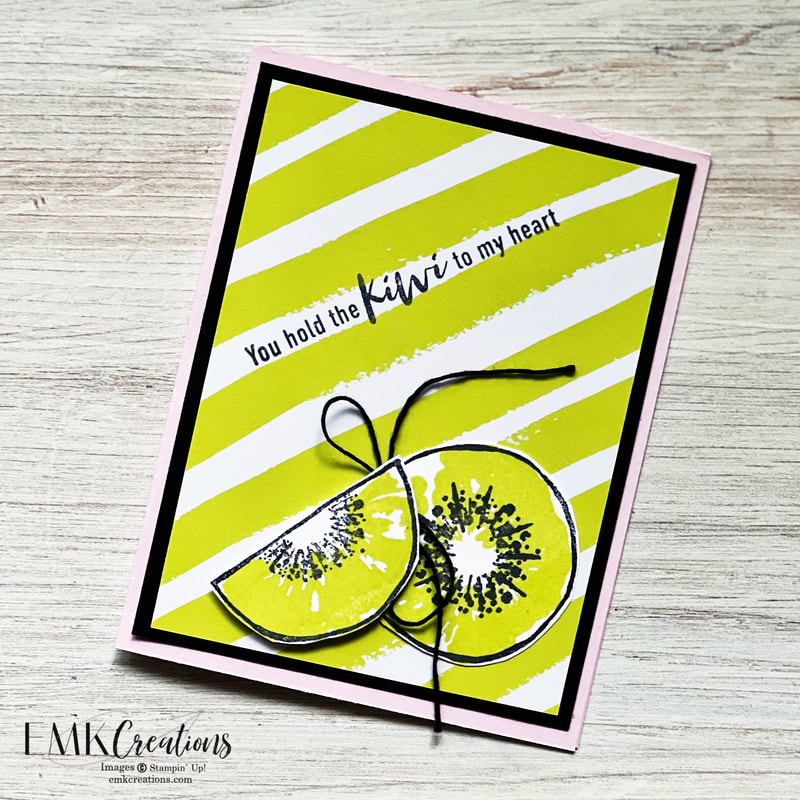 Card with Hello Kiwi stamp set on bright green and white paper with pink base by EMK Creations