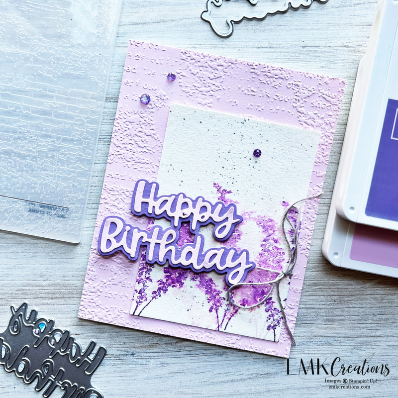 Happy birthday card in pinks and purples with embossed background and water color flowers by EMK Creations