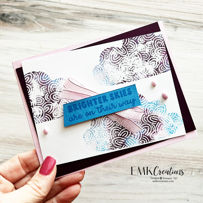 card featuring multi colored clouds and sentiment that reads brighter skies are on their way by EMK Creations