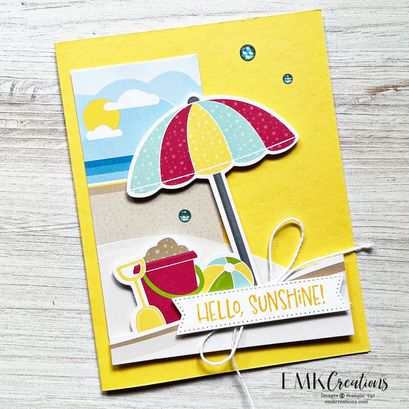 Yellow background with beach scene and umbrella using Paper Pumpkin kit by EMK Creations
