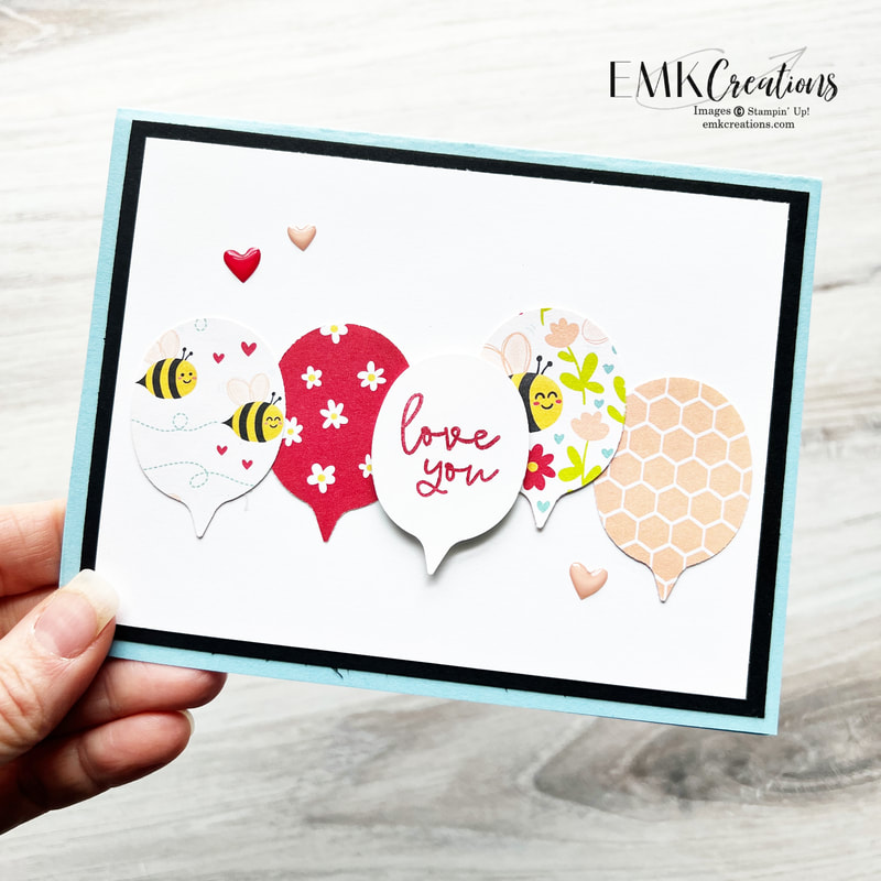 card feautring love you message with bees on layered white, black and blue backgrounds by EMK Creations