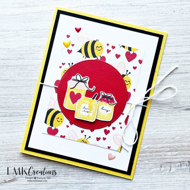 Honey jars on red circle on yellow, black and white background by EMK Creations
