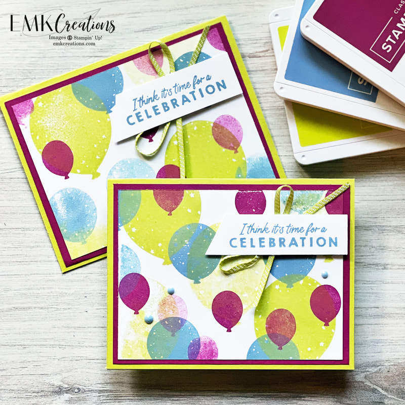 Birthday Cards with Birthday Balloon in Boho Blue, Berry Burst and Lemon Lime Twist - EMK Creations