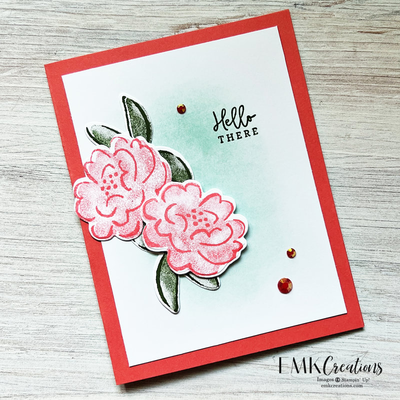 Two flowers in Calypso Coral on Pool Party sponged background with Hello There saying - EMK Creations
