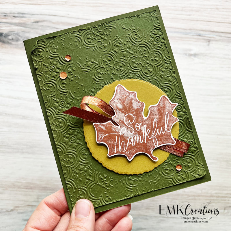 Thankful card featuring copper leaf on mossy meadow base by EMK Creations