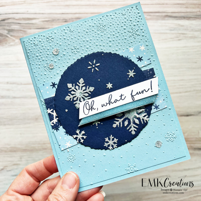 Monochromatic blue card featuring snowflakes with oh, what fun message by EMK Creations
