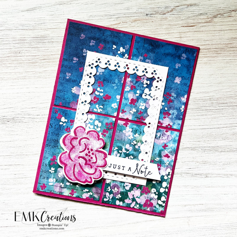 Berry Burst Flower card on tiled background with Just a Note message EMK Creations