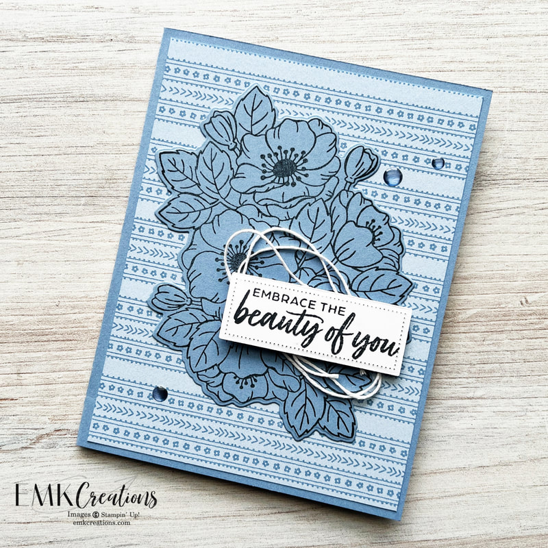 Card with Blue flowers on blue background with embrace the beauty of you sentiment by EMK Creations