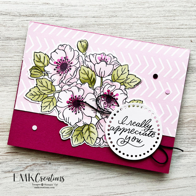 Pink flowers on berry burst card stock base with pink and white background card by EMK Creations