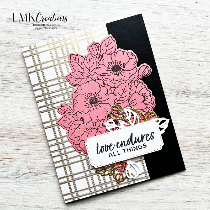 Pink flowers on gold, white and black background with white and gold flower and leaf accents card by EMK Creations