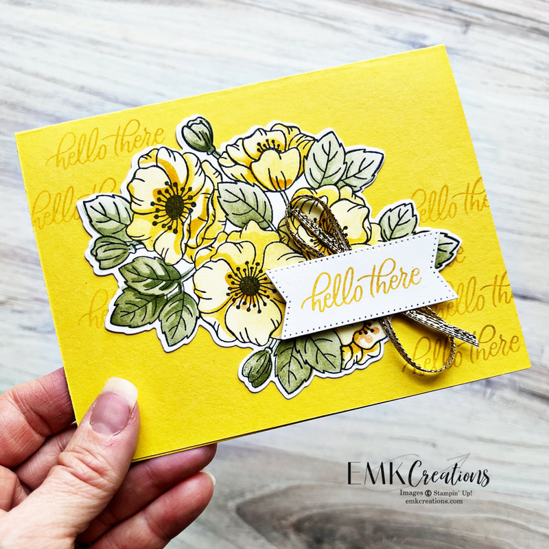 Yellow flowers with green leaves on yellow background card that says hello there by EMK Creations