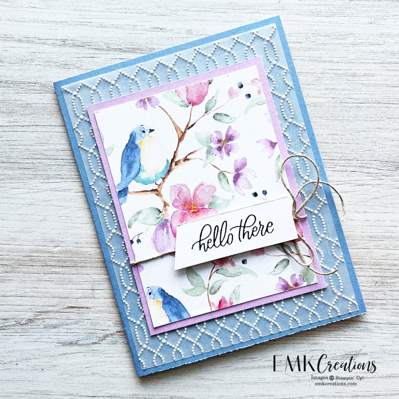 Bird card with hello there message with blue background and embossed vellum overlay by EMK Creations