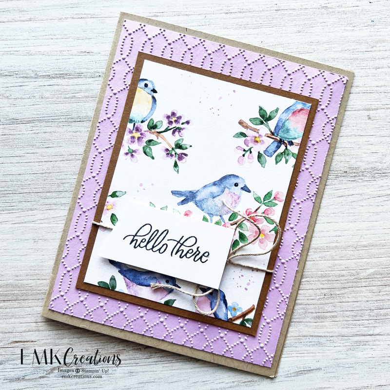 Bird card with hello there message with purple textured background by EMK Creations