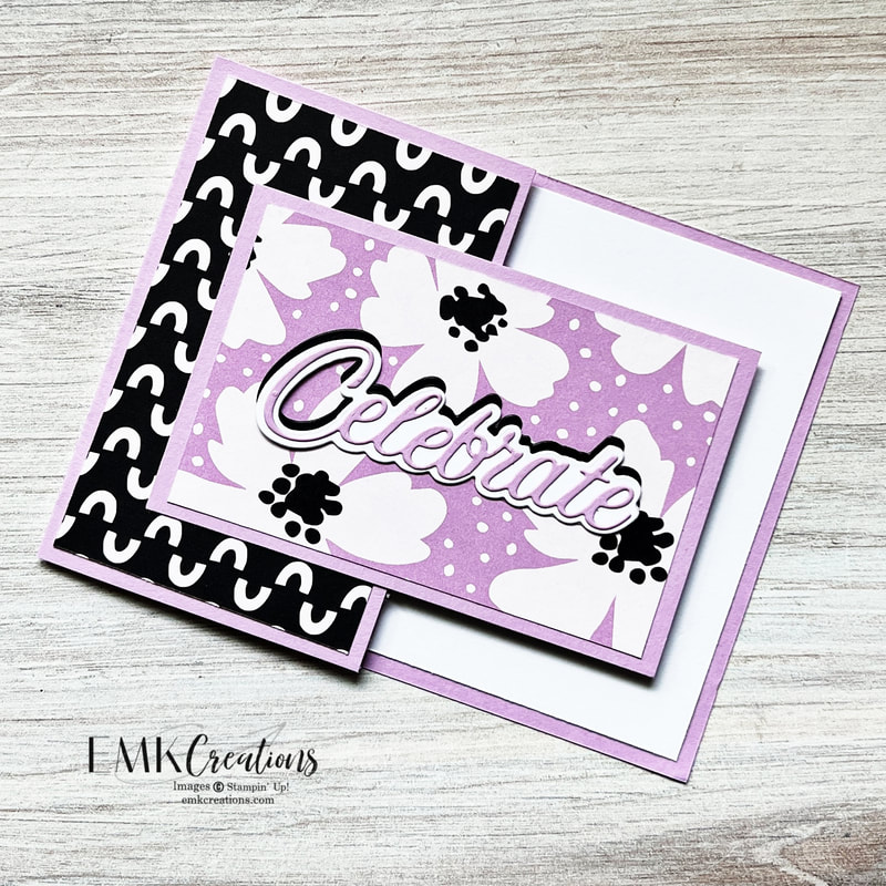Fun fold celebrate card in purple and black - EMK Creations
