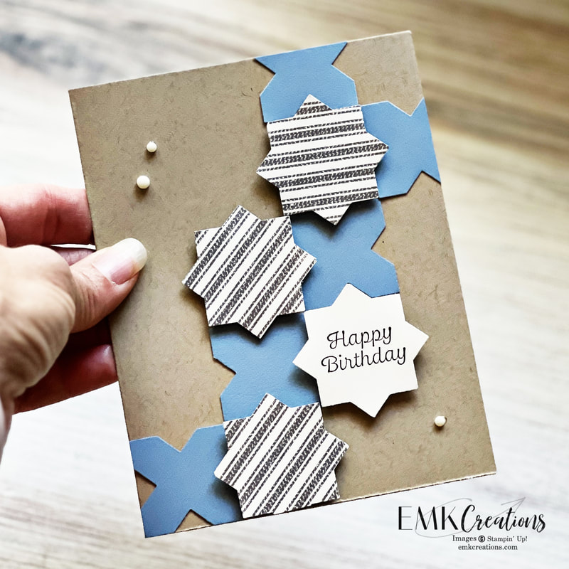 Masculine Happy Birthday card with geometric shapes in blue and striped paper - EMK Creations