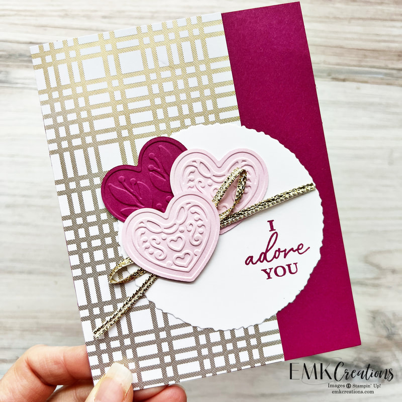 gold and white foil paper paired with berry card stock featuring embossed hearts by EMK Creations