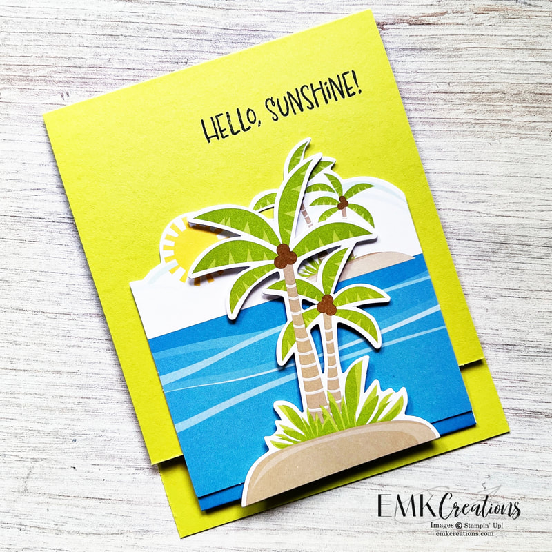 hello, sunshine card on yellow background with palm trees and ocean by EMK Creations 