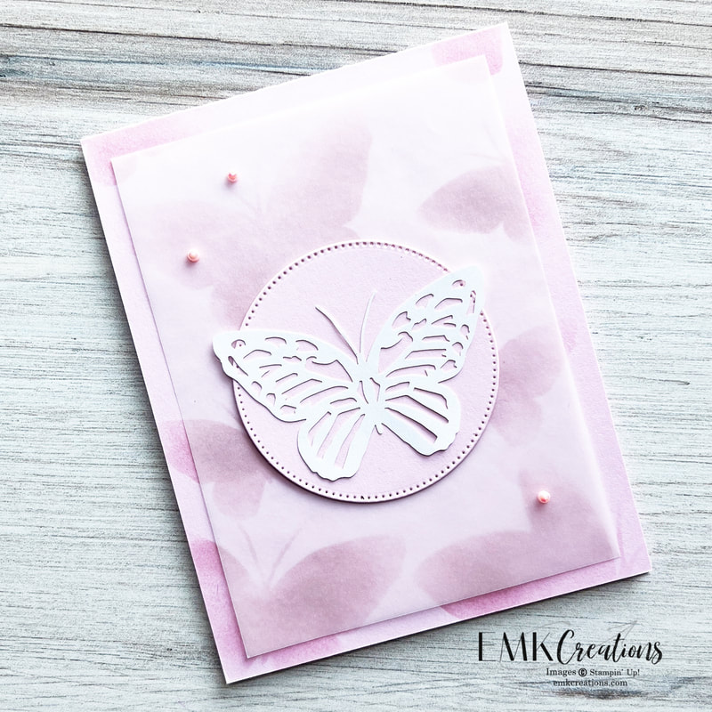 Pink card featuring butterflies on background and white butterfly on front by EMK Creations