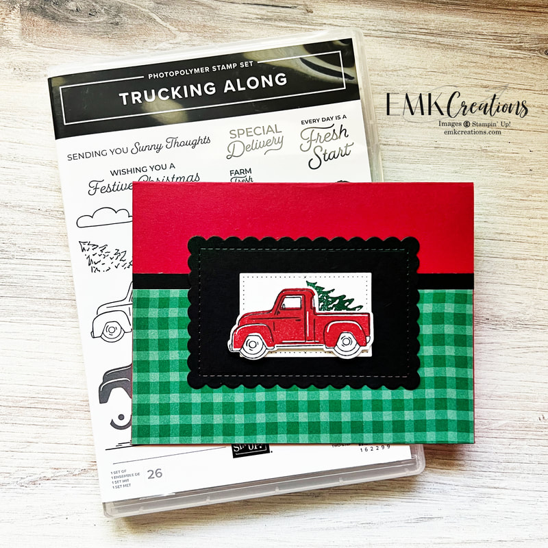 Red Truck with pine tree in bed with green plaid by EMK Creations