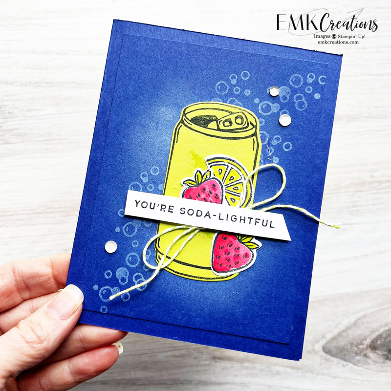 tin can in lime with fruits on a dark blue background with white bubbles card by EMK Creations