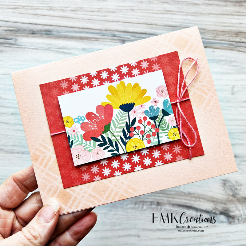 card with bright flowers on coral and pink background by EMK Creations