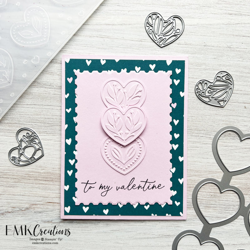 pink and blue valentines card featuring embossed pink hearts by EMK Creations