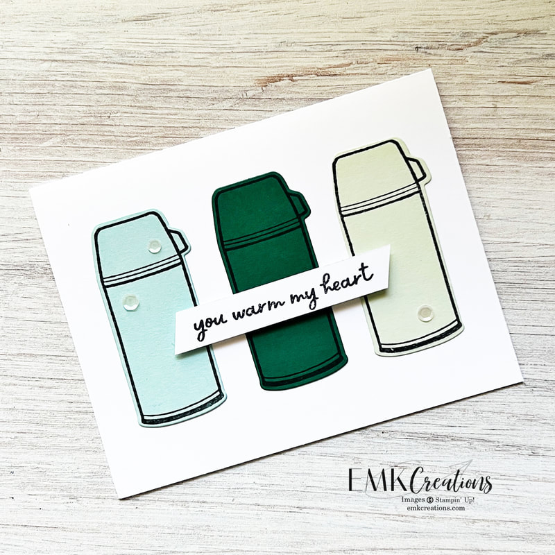card with trio of thermos in blues and greens on white background by emk creations