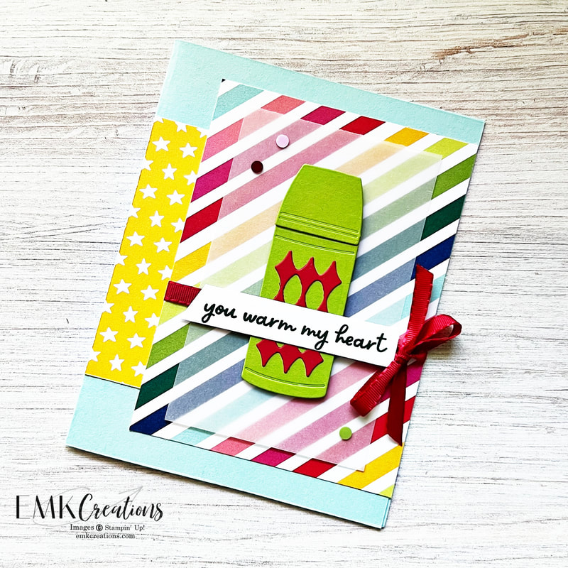 Card with Green thermos on rainbow striped background with red ribbon by EMK Creations