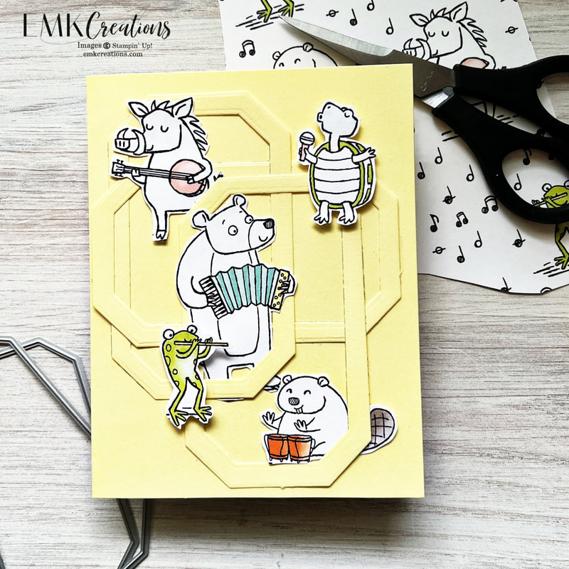 Yellow card with zany zoo creatures - EMK Creations